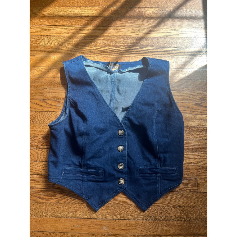 Flying Tomato Women Blue Denim Cropped Vest Dark Wash Button Front Size S
